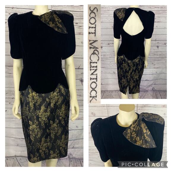 Vintage 80s Scott McClintock Black Velvet Gold Floral Open Back Dress size 10 - Picture 14 of 16